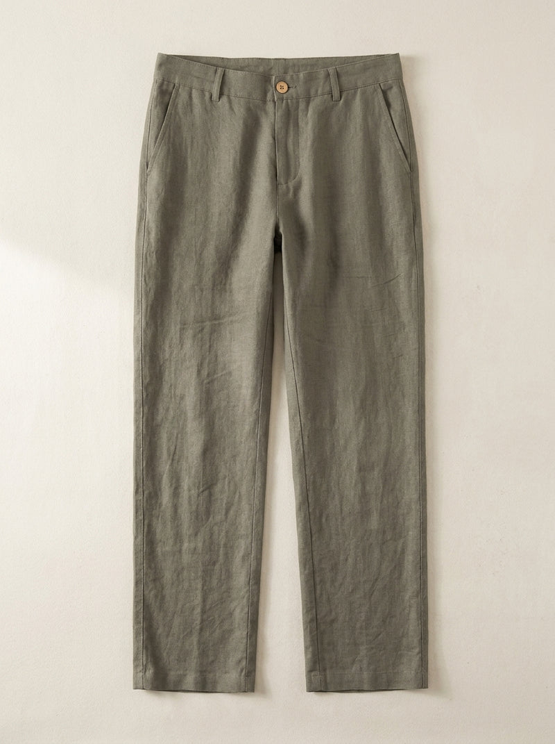 VÉLDE Linen Straight Leg Trousers - Fog Green Grey