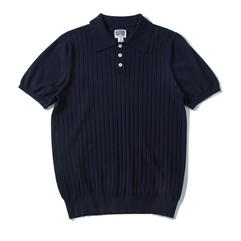 VÉLDE — Costa Ribbed Knit Polo - Navy Blue