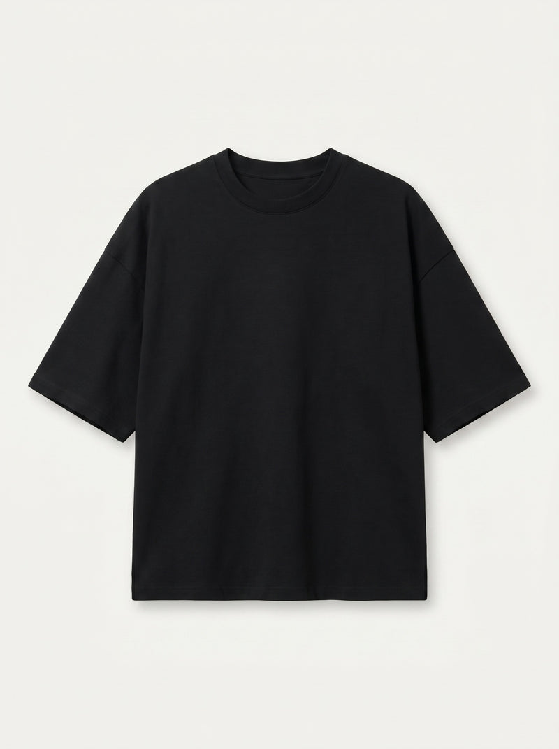 Camiseta de algodón de manga corta con cuello redondo y color liso para hombre - Black