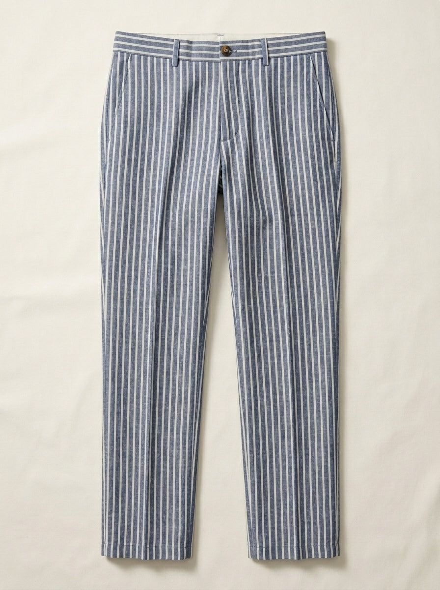 Pantalón Cadaqués de raya fina VÉLDE en azul, mezcla de cáñamo y algodón