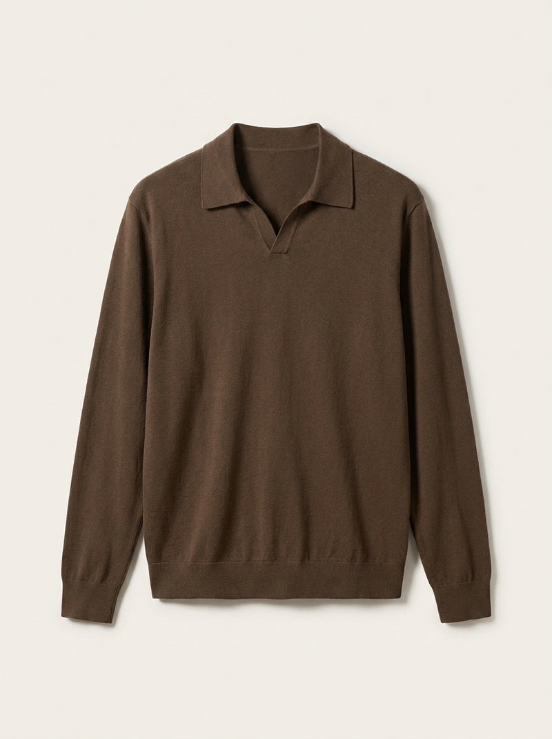 VÉLDE — Riva Open-Collar Knit Polo - Brown